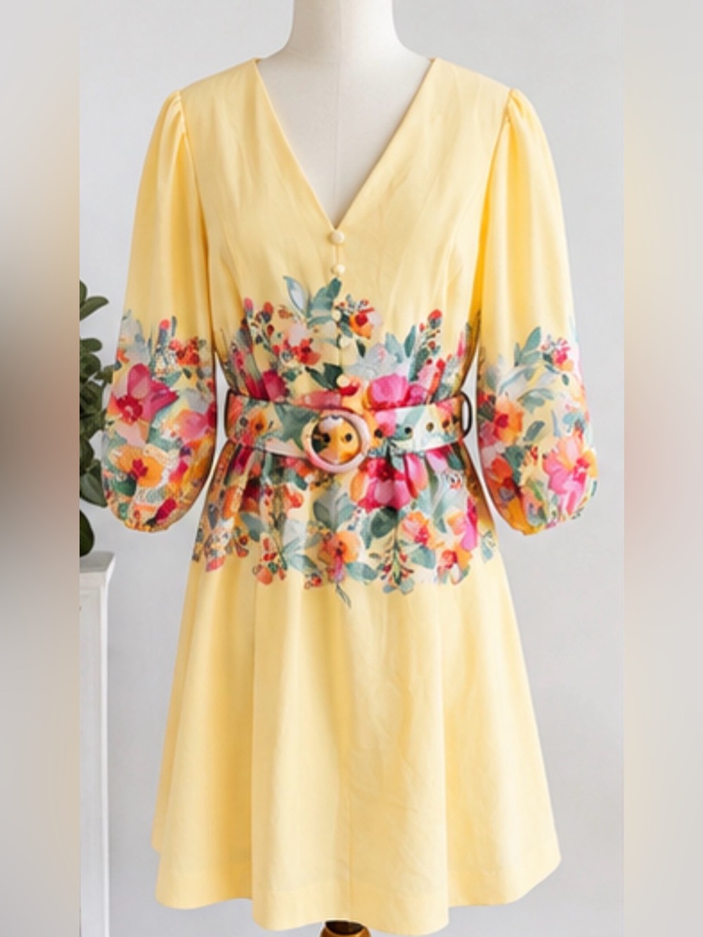 Tahari ASL Yellow Floral Belted V-Neck Puff Sleeve Dress